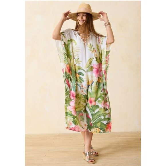 Tommy Bahama Womens White Paradise Bird Lace Up Cover up Caftan Sz S/M New - Picture 8 of 9